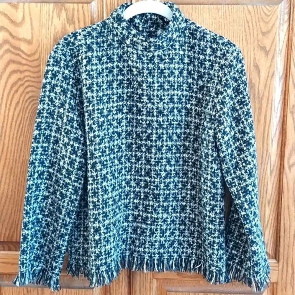 Zara‎ Women's Tweed Fringe Top Sz XS Black White Mock Neck Cropped Long Sleeves